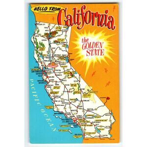 Map Postcard Greetings From California The Golden State Chrome Vintage Retro